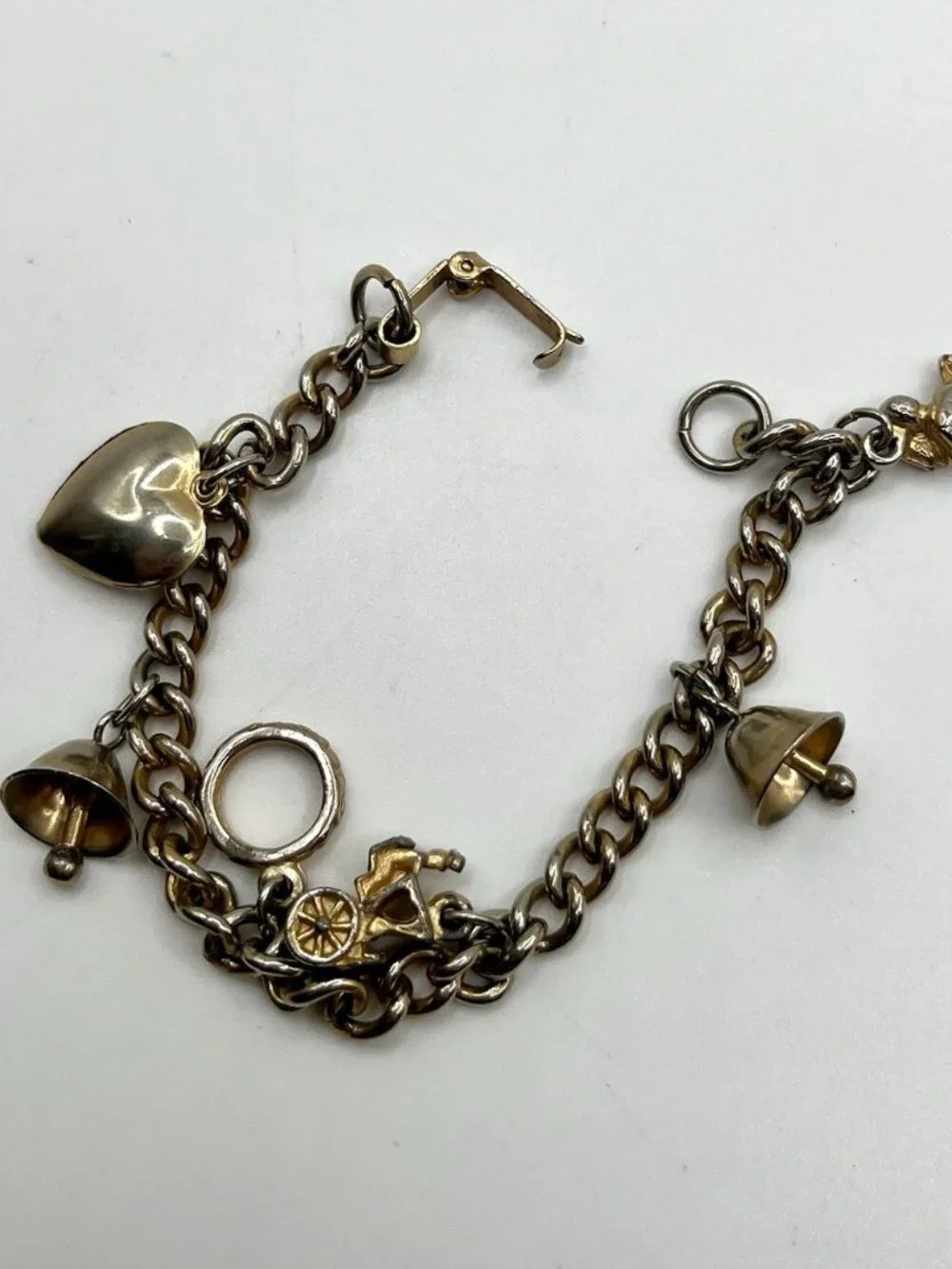 VTG 60s Mid Century Gold Tone Charm Bracelet Heart Bells Wedding Marriage MCM